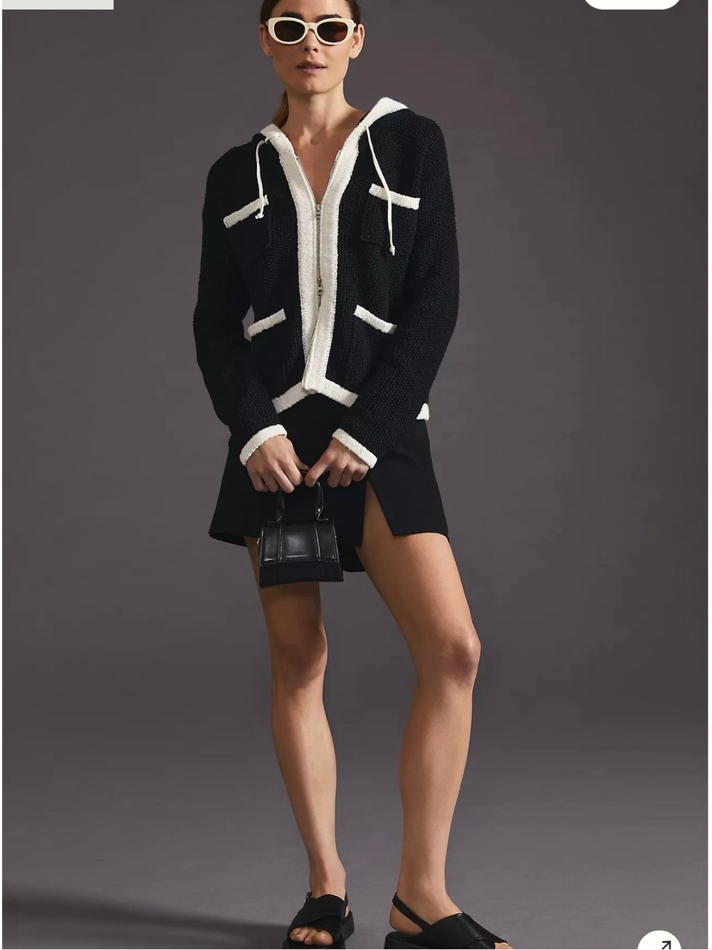 Anthropologie Maeve size small Black White Hooded Knit zip front cardigan